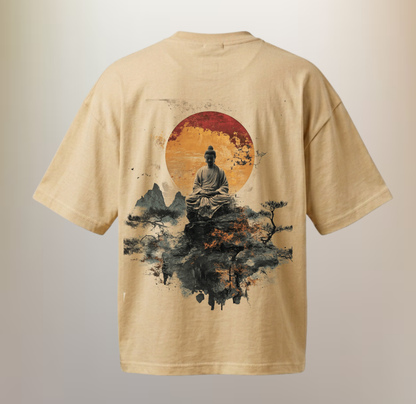 Beige Oversized T-Shirt with Buddha Graphic