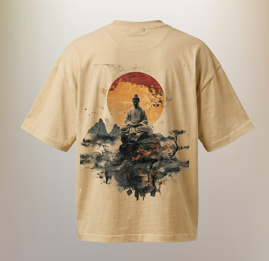 Beige Oversized T-Shirt with Buddha Graphic